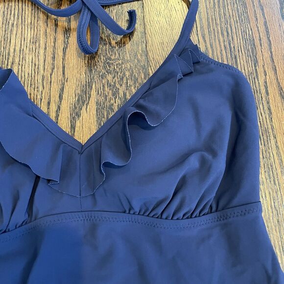 Lands End Solid Navy Blue Halter Tankini Ruffled Swimsuit Top Size 4 - Picture 3 of 5